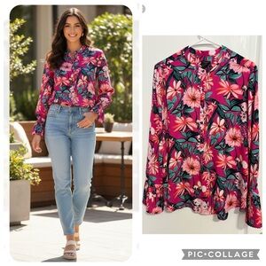 Ann Taylor Factory Vibrant Floral long sleeves Blouse size L